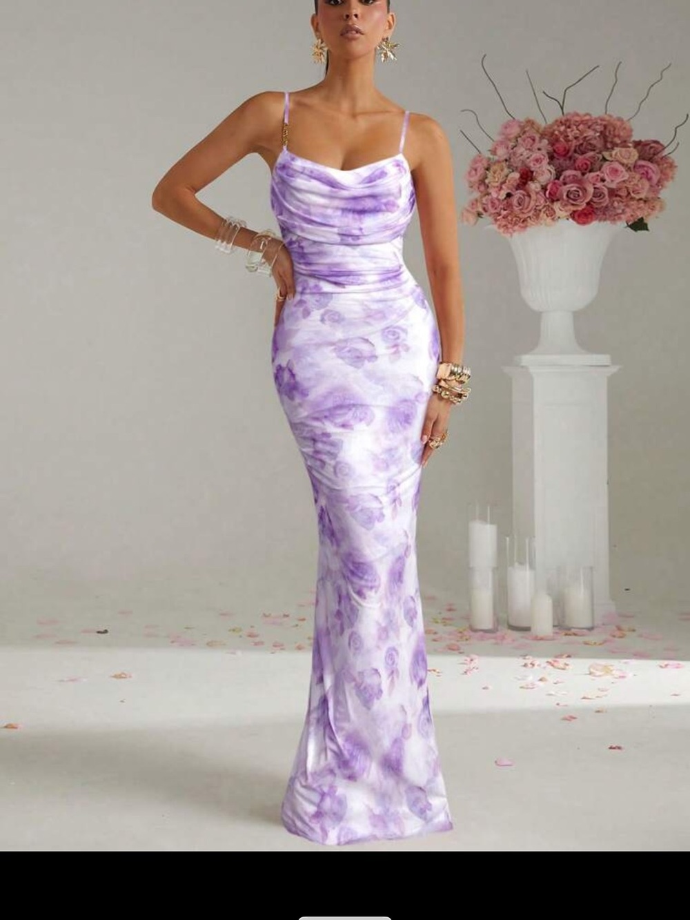 Lavender Marble Cowl Neck Spaghetti Strap Dress - Women